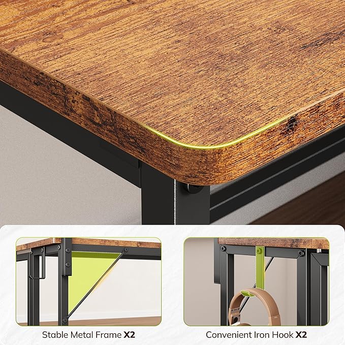 Folding Desk for Small Space,Foldable Computer Desk with Monitor Stand,31.5 Inch Small Desk with LED Lights for Bedroom Home Office,Writing Work Office Computer Desk with Hooks,Rustic Brown