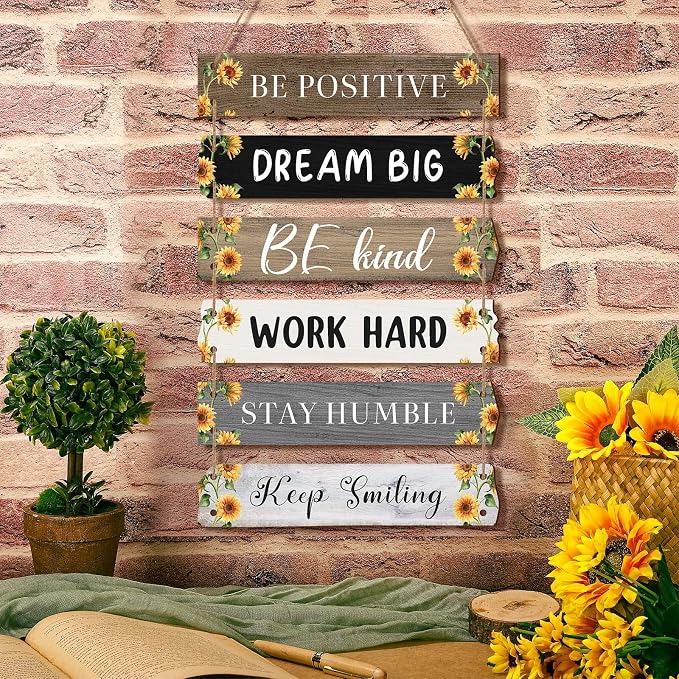 Blulu 6 Pcs Rustic Wall Hanging Plaque Sign Back to School Inspirational Wall Art Farmhouse Wooden Door Signs Positive Plaque with Quotes Motivational Quote Decor for Office Bedroom(Sunflower Style)