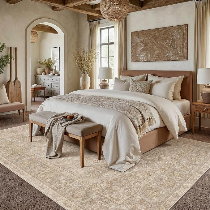 PureCozy Brown 6x9 Area Rug Washable Vintage Living Room Carpet Bedroom Large Indoor Non Slip Soft Low Pile Thin Stain Resistant Distressed Accent Throw Rug for Dining Office Nursery