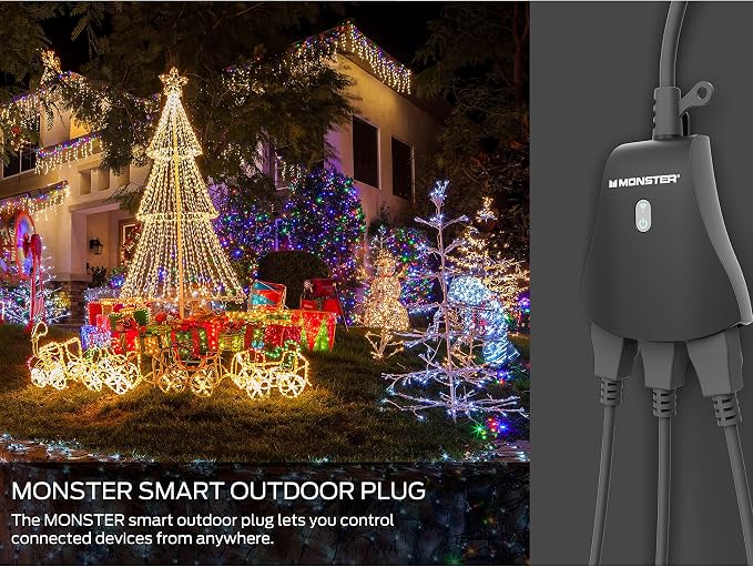Monster Outdoor Smart Outlet Plug, 3-Outlet, Voice Control Compatible with Alexa and Google Assistant, Scheduling, Timer Control, Automation, Quick Setup via 2.4GHz Wi-Fi, Smart Outdoor Plug