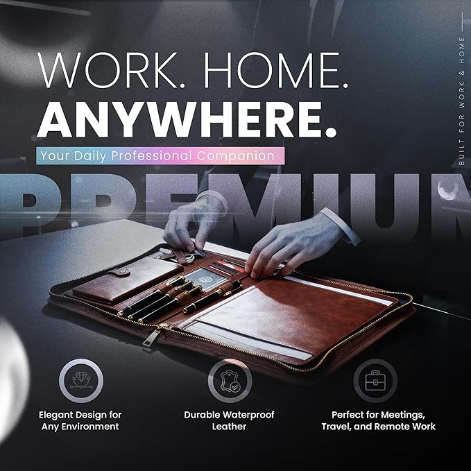 Leather Portfolio with Anti-RFID Protection, Business Portfolio with Zipper, Padfolio, Leather Portfolio for Men and Women, Vegan Leather Folder, Anti-Scam Technology Embedded, Business Impression
