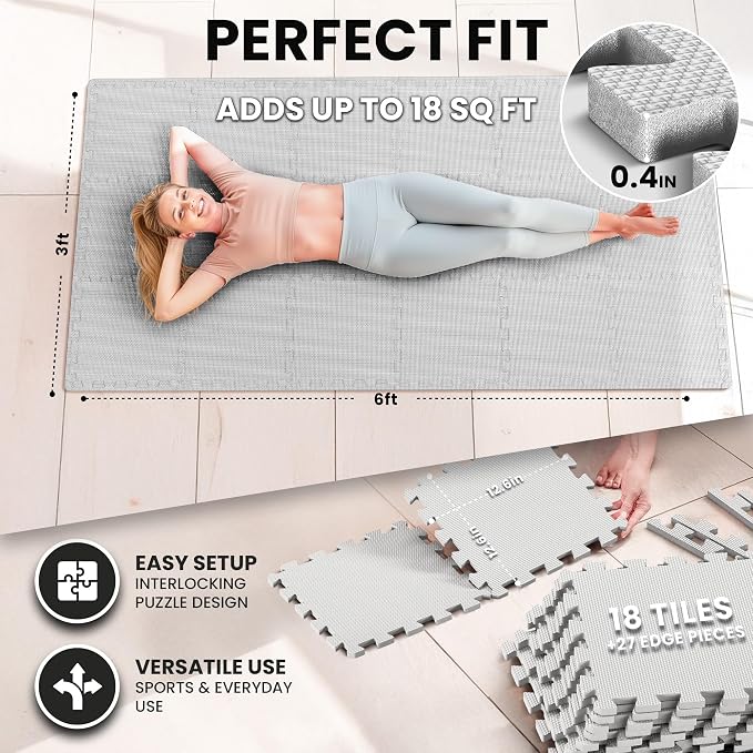bemaxx Gym Mats Set - 18 pcs EVA Interlocking Foam Floor Tiles (12.6"x12.6"x0.4") 18sqft Protective Gym Flooring Sports Home Workout Exercise Mats Puzzle Garage Fitness Play-Room Pool Treadmill Bike