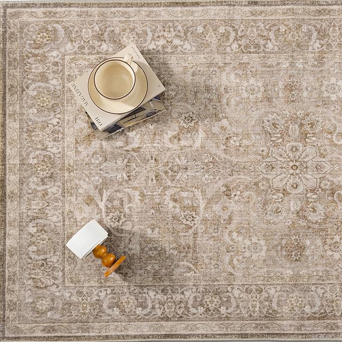 PureCozy Brown 5x7 Area Rug Washable Vintage Living Room Carpet Bedroom Indoor Non Slip Soft Low Pile Thin Stain Resistant Distressed Accent Throw Rug for Dining Office Nursery