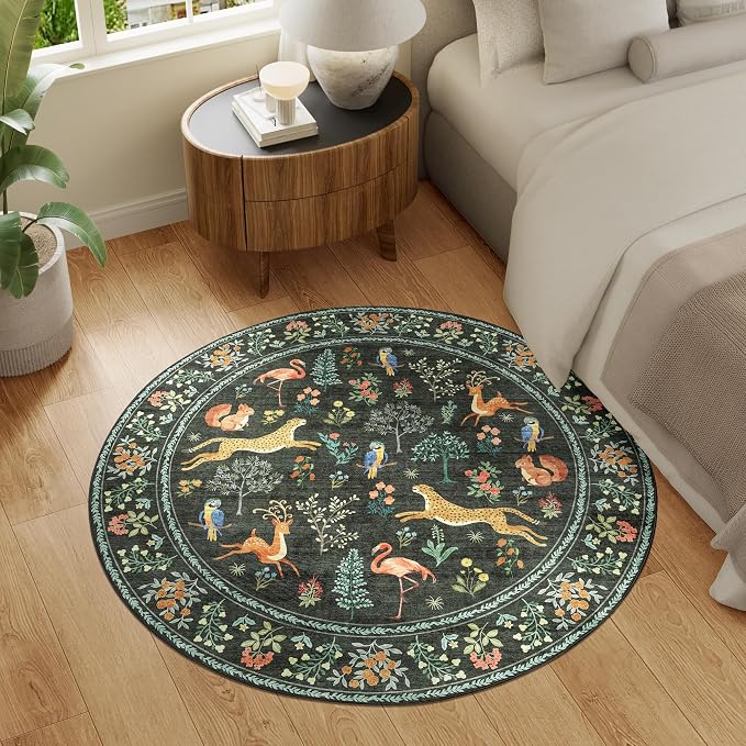 DUKINO 4ft Round Rug, Washable Round Area Rug, Non Slip Indoor Low Pile Animal Design, Soft Small Vintage Circle Carpet for Bedroom, Entryway, Living Room, Dining Room, Black