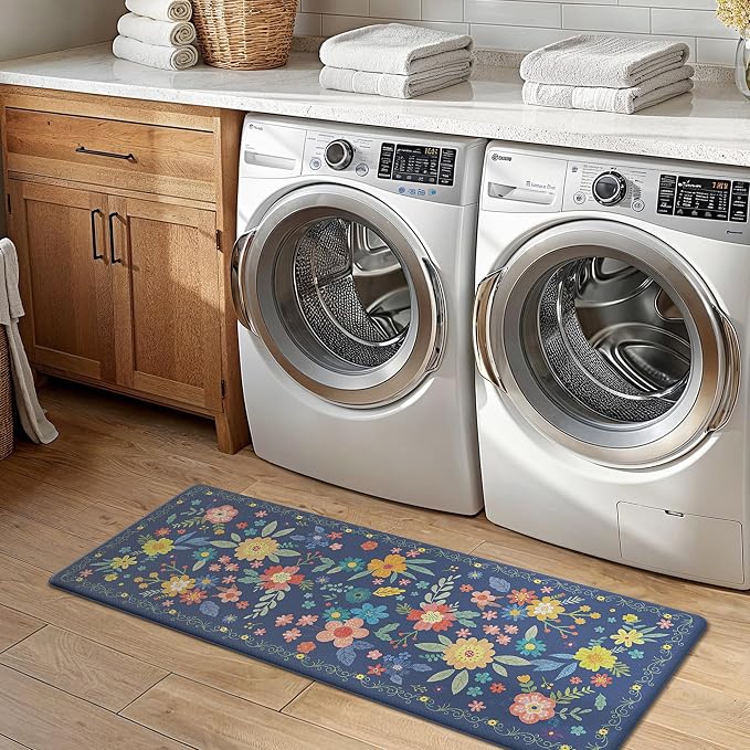 GENIMO Anti Fatigue Kitchen Mats for Floor 2PCS, Cushioned Standing Mats | 17.3"x47"&17.3"x30", Navy vintage floral rug set, waterproof, non slip, easy-clean for farmhouse