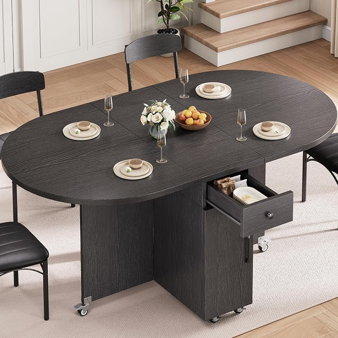 Jocoevol Round Folding Dining Table for 4, Space Saving Drop Leaf Kitchen Table with Storage Drawer, 6 Wheels Oval Gateleg Foldable Dining Table for Small Spaces(Black 47 * 23.6 * 30)