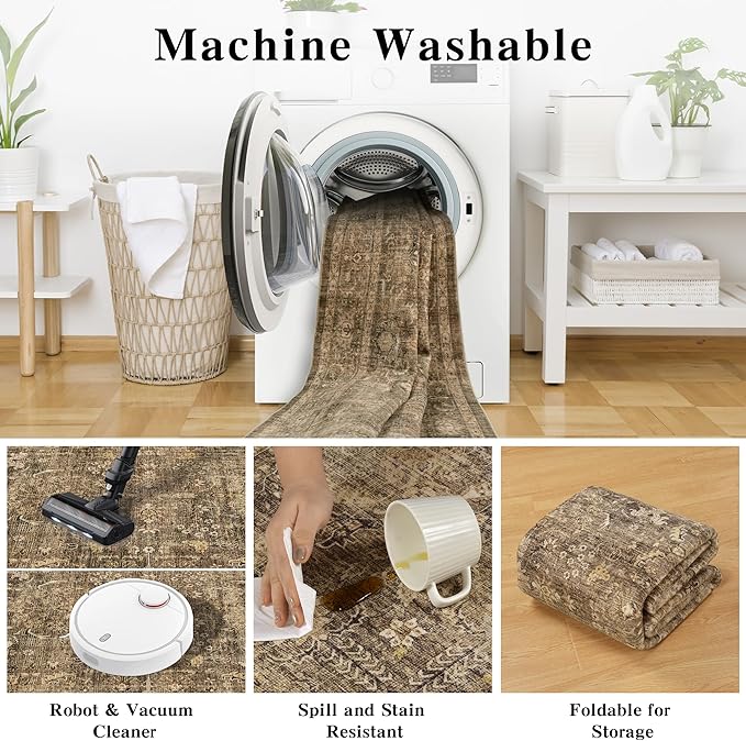 8x10 Brown Washable Area Rugs for Living Room Non Slip Low Pile Vintage Boho Throw Rug Soft Retro Distressed Floral Large Carpet Indoor Farmhouse Decor for Bedroom Dining Room Office Kitchen Playroom