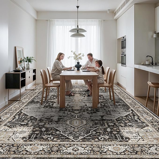Living Room 12x15 Area Rug - Large Washable Area Rugs with Non Slip Backing Stain Resistant Carpet Indoor Soft Carpets Distressed Decoration Mat for Bedroom Dining Room 12x15 Black
