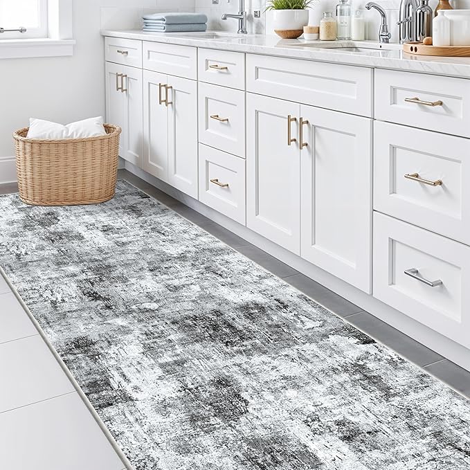 Rug Runners for Hallways Non Slip – 3X10 Washable Long Carpet Runner for Kitchen Indoor Entryway, Bedroom, Living Room,Modern Abstract Low-Pile Thin Grey Runner