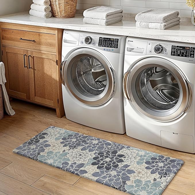 GENIMO Anti Fatigue Kitchen Mats for Floor 2PCS, Cushioned Standing Mats | 17.3"x47"&17.3"x30", Navy Blue vintage floral rug set, waterproof, non slip, easy-clean for farmhouse