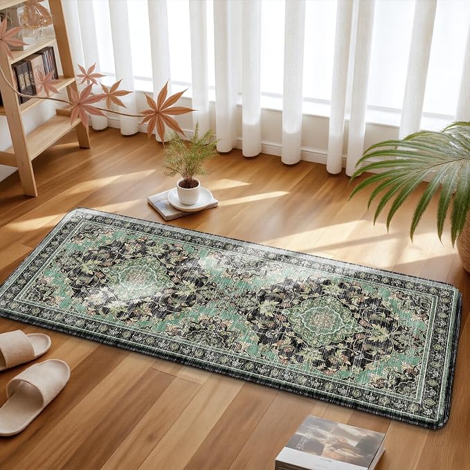 Boho Kitchen Mats for Floor 2 Piece Set Anti Fatigue Cushioned PVC Kitchen Rugs Non Slip Waterproof Farmhouse Mats 2/5 Inch Comfort Standing Mat for Sink, Laundry, 17.3"x47"+17.3"x28", Black Green