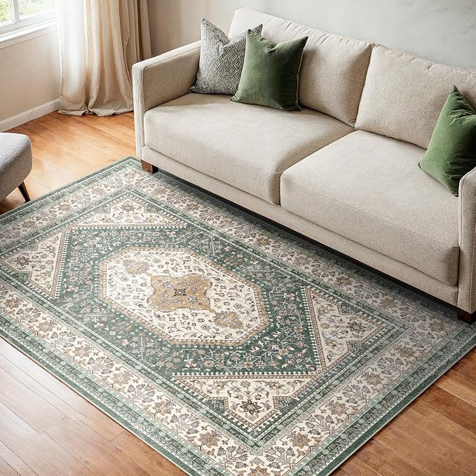 Washable 3x4 Area Rug for Entryway - Bedroom Rugs with Non Slip Rubber Backing for Kitchen Bathroom Indoor Soft Stain Resistant Carpet Rug for Pet Feeding Area and Distressed Floor Decor Green/Beige