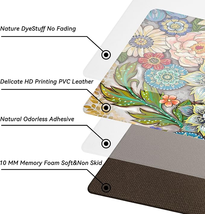 Boho Floral Kitchen Rugs Mats for Floor 2 Piece Memory Foam Padded Kitchen Mats Anti Fatigue Non Slip Cushioned Comfort Standing Mat, 17.3x28+17.3x47 Inch