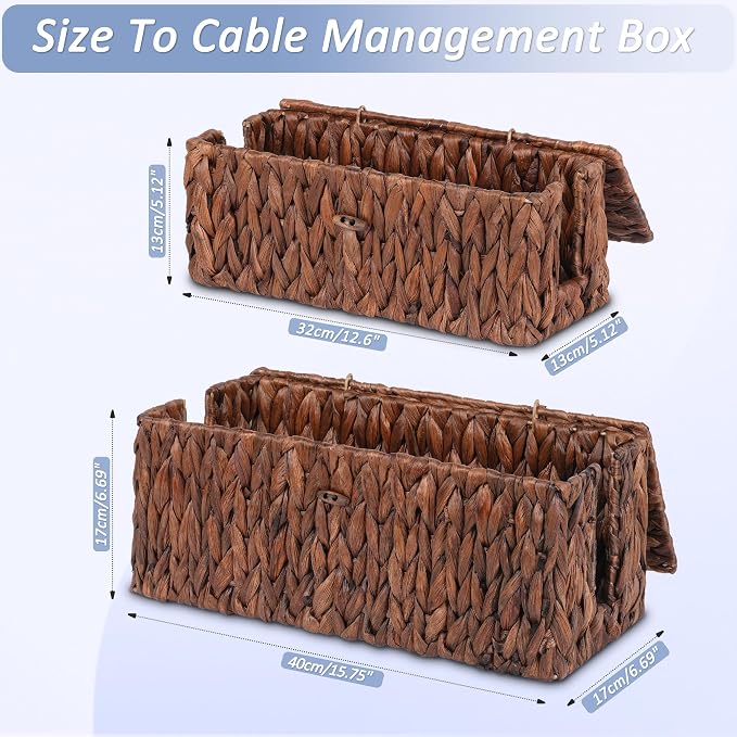 efluky 2 Pack Water Hyacinth Floor Cord Covers with Lid, Hand-Woven Cable Management Box, 2 Open Slots Cord Box to to Hide USB Wire, Power Strip & Charger for Home & Office and Dorm, Brown