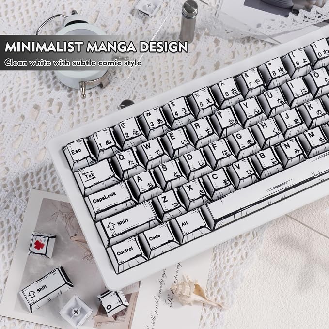 PBT Keycap Set Cherry Profile, Manga Themed Japanese Keycaps, Reto White Keyboard Key Caps Dye Sublimation KeyCap, 130 Keys Custom Cherry MX Key Cap for ANSI Layout Mechanical Keyboard