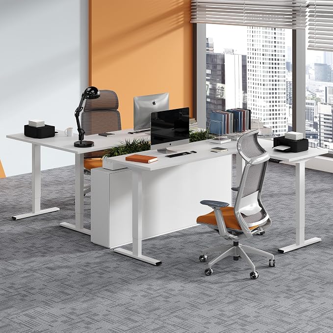 SANODESK Electric Height Adjustable 3 Leg Corner Desk Frame, up to 220lbs, Sit Stand Ergonomic L Shaped Frame Only, White