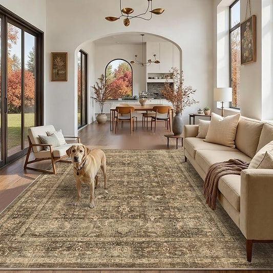 6x9 Brown Washable Area Rugs for Living Room Non Slip Low Pile Vintage Boho Throw Rug Soft Retro Distressed Floral Large Carpet Indoor Farmhouse Decor for Bedroom Dining Room Office Kitchen Playroom