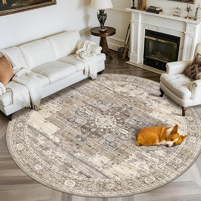 RUUGME Washable 7round Rug - Large Rugs for Living Room Low Pile Soft Rugs for Bedroom Kitchen Dining Room Oriental Carpets with Non Slip Backing Home Decor Floor Mat 7round Beige