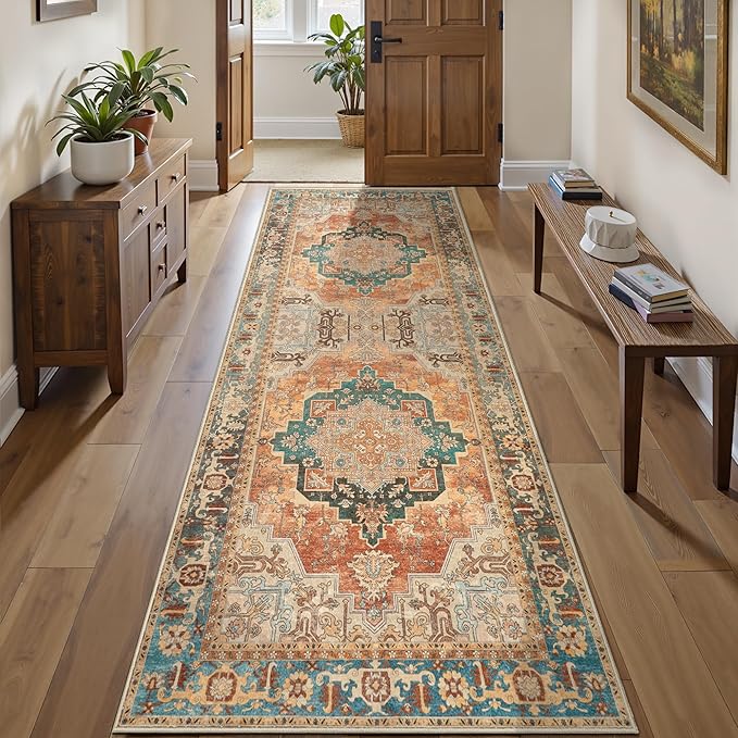 Tangsoo 2x10ft Hallway Runner Rug Washable Runner Rug for Hallways, Non Slip Vintage Soft Low Pile Long Rug Runner, Oriental Carpet Runners for Kitchen Bedroom Entryway Living Room Orange