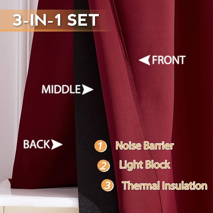 RYB HOME 3-in-1 Soundproof - Blackout - Thermal Insulation Living Room Divider Curtains, Large Bay Window Curtains for Bedroom Theatre Office Backdrop, Burgundy Red, W 52 x L 102 inches, 2 Panels