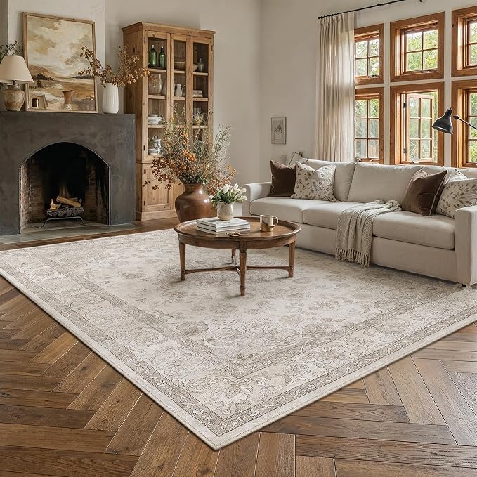 PureCozy Beige Area Rug 8x10 Washable Vintage Living Room Bedroom Carpet Non Slip Soft Low Pile Distressed Medallion Indoor Floor Retro Throw Large Rug for Dining Room Office