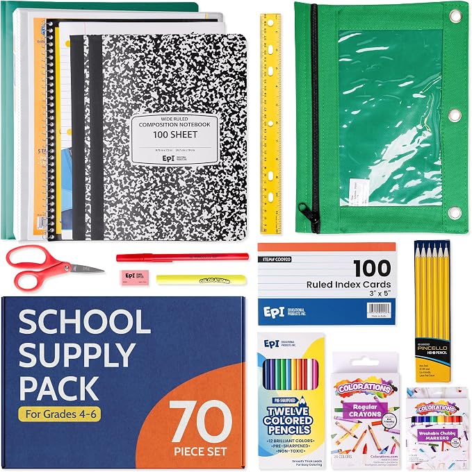 EPI Essentials Back to School Supplies for Kids 4th - 6th Grade – 70 Items in Kit – Elementary School Supply Packs – Wide-Ruled Bundle with Composition Notebooks – Suitable for Homeschooling