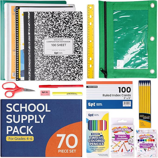EPI Essentials Back to School Supplies for Kids 4th - 6th Grade – 70 Items in Kit – Elementary School Supply Packs – Wide-Ruled Bundle with Composition Notebooks – Suitable for Homeschooling