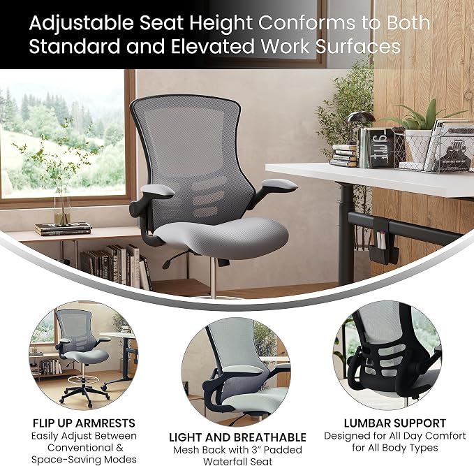 Flash Furniture Kelista Mid-Back Swivel Office Chair with Adjustable Seat Height, Ergonomic Mesh Desk Chair with Flip-Up Armrests, Dark Gray | Adjustable Foot Ring, Mid-Back, Flip-Up Arms, Mesh Back