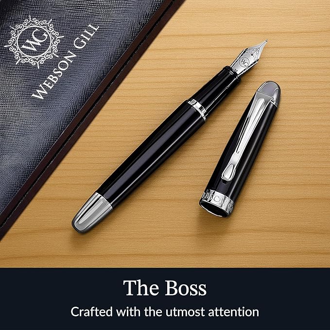 'The Boss' Black Luxury Executive Fountain Pen, Polished Lacquer, Chrome Accents, Stainless Steel Nib, Easy Refill Ink Piston Converter, Smudge Free, No Bleed, Fits Our Instant Insert Ink Cartridges