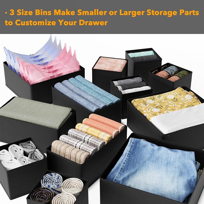 SpaceAid Drawer Organizer Clothes, 24 Pack Dresser Organizer Bins for Nursery, Closet Organization and Storage Dividers for Clothing, Baby Clothes, Underwears, Socks (Black)
