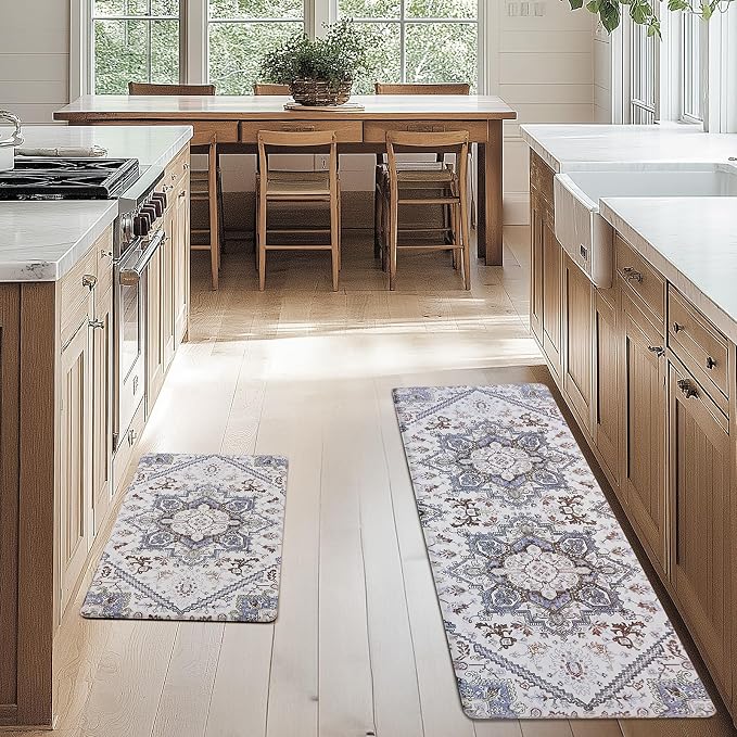 FRESHMINT Boho Kitchen Mat Set 2 Piece, 17x30''+17x47'', Gray | Anti-Fatigue, Non Slip, Comfort, Kitchen Decor, Easy to Clean, Waterproof, Perfect for Kitchen, Laundry, Office