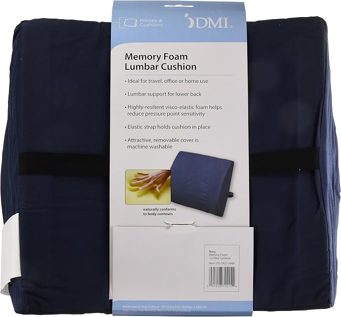 DMI Memory Foam Lumbar Pillow Support Pillow Back Support Chair Cushion with Strap for Better Posture and Easing Back Pain, Navy