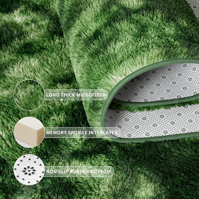 Tepook Fluffy Dark Green Rugs for Living Room Bedroom, 4x6 Soft Area Rug Tie-Dyed Forest Moss Green Kids Girls Boys Rug, Indoor Plush Shaggy Non-Slip Carpet for Nursery Classroom Dorm Home Decor