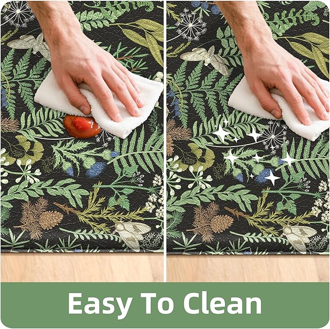Black Green Botanical Kitchen Rugs Set of 2 Plant Leaf Anti-Fatigue Kitchen Mat Natural Comfort Standing Waterproof PVC Mats 2/5" Thick Leather Carpet for Laundry Office Sink(17.3" x28" + 17.3" x 47")