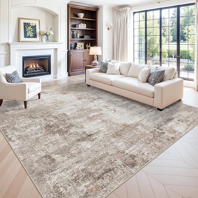 12x12ft Square Living Room Rug – Non-Slip Washable Extra Large Floor Carpet for Bedroom, Dining Room, Playroom Room – Modern Abstract Neutral Thin Low-Pile Big Indoor Rug (Beige Grey)