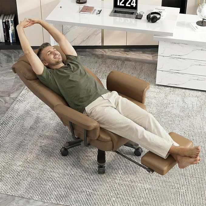 GYI 160 Reclining Office Chair with Footrest, Big & Tall Desk Chair, Brown | Cross Legged Seat, High Back, Faux Leather, Heavy Duty Base, Adjustable Height, for Home, Executive
