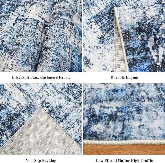 3x7 Washable Non-Slip Kitchen Runner Rug – Modern Abstract Neutral Beige & Gray Carpet for Hallway, Entryway, Bedroom, Laundry Room – Low-Pile Thin Wide Floor Runner with Rubber Backing（Blue）