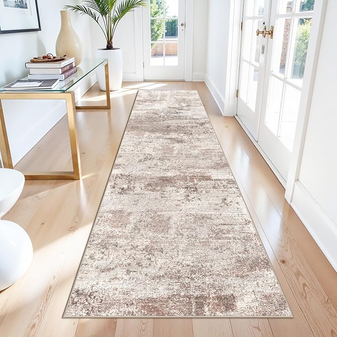 Washable 2x8 Hallway Runner Rug: Abstract Water Resistant Kitchen Rugs Soft Living Room Bedroom Carpet with Non-Slip Backing Indoor Low Pile Floor Mat for Bathroom Dining Room 2X8 Brick/Brown/Beige