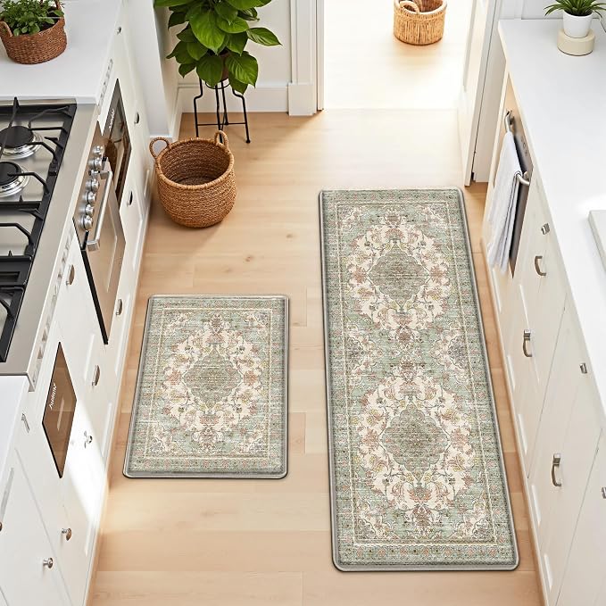 Boho Kitchen Mats for Floor 2 Piece Set Anti Fatigue Cushioned PVC Kitchen Rugs Non Slip Waterproof Farmhouse Mats 2/5 Inch Comfort Standing Mat for Laundry, 17.3"x47"+17.3"x28", Green Orange Beige