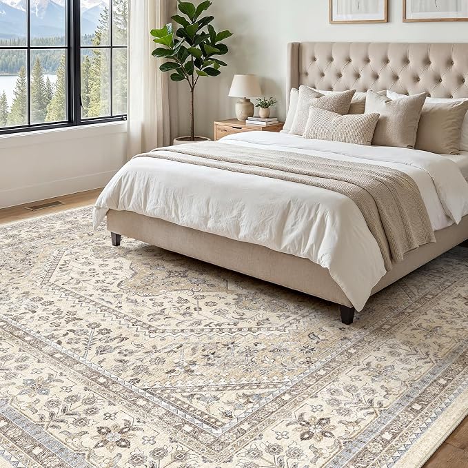 Puino 9x9 Square Area Rug - Washable Oriental Large Rugs for Living Room Soft Non-Slip Backing Indoor Carpet for Bedroom Low Pile Stain Resistant Floor Mat for Dinning Room Home Decor Beige/Gray
