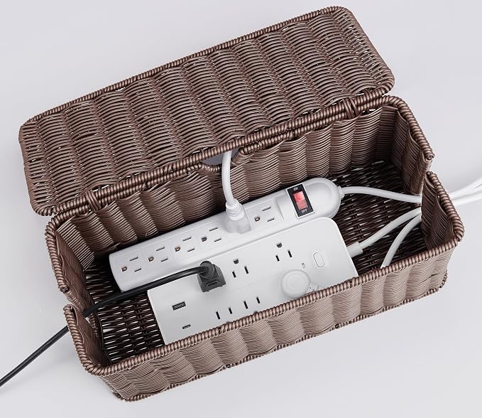 ZhiYo Rattan Cable Management Box, Dark Brown, 13.5" x 6.2" x 6" | Handwoven cord organizer conceals power strips and cables for a cleaner home or office setup, cord hider design