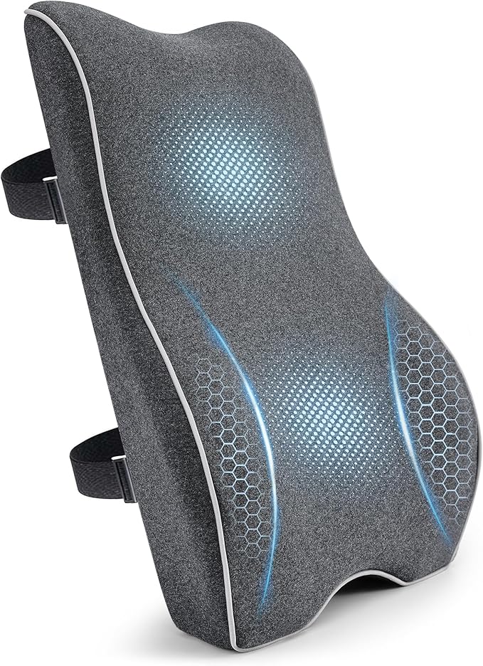 Plush Comfortable Memory Foam Lumbar Support Pillow - Soft Back Cushion for Office Chair, Car Seat, Gaming Chair - Ergonomic Lower Back Pain Relief with Adjustable Straps & Washable Cover-Dark Grey