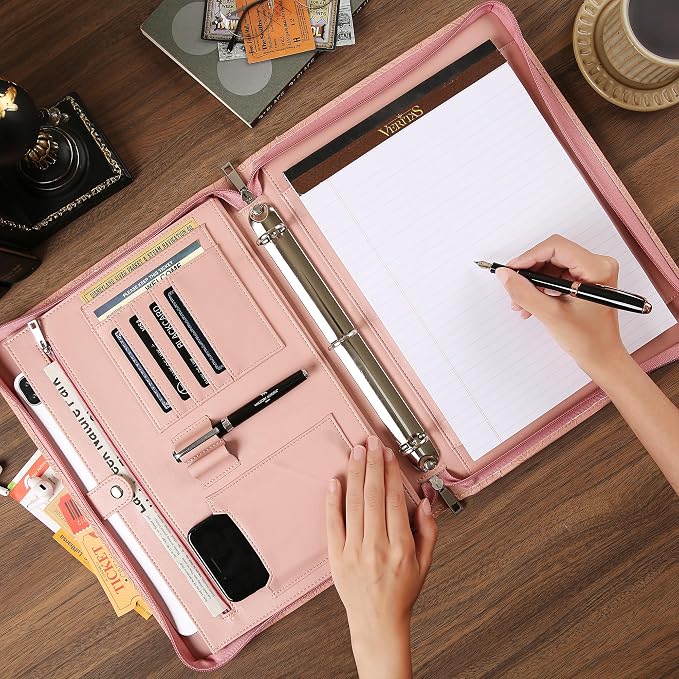 Vegan Leather Padfolio Binder, Personalized 3 Ring Binder for Women, Pink Leather, Handmade Portfolio Organizer, Engraved Resume Folder (Pink Pattern, Custom)