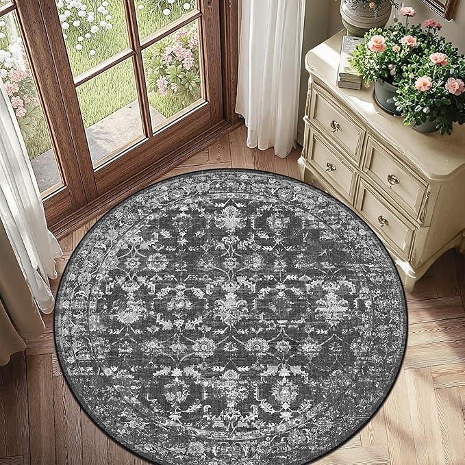 5ft Black Round Washable Area Rug for Living Room Vintage Boho Non Slip Circle 5x5 Rug Distressed Floral Carpet Indoor Retro Soft Low Pile Farmhouse Throw Rug for Bedroom Nursery Office