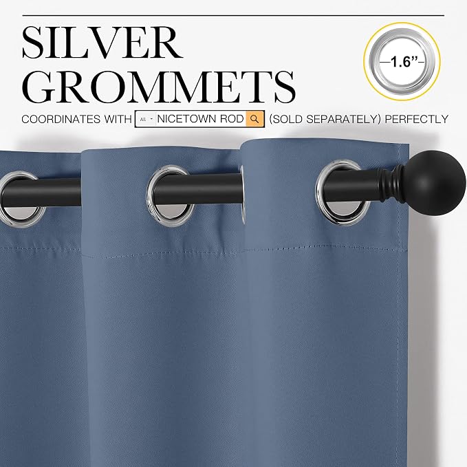 NICETOWN Short Curtains for Kitchen, Thermal Insulated Solid Grommet Blackout Window Treatment Curtain Panels for Loft, Cafe (Stone Blue, 1 Pair, 42 inches Wide by 68 inches Long)