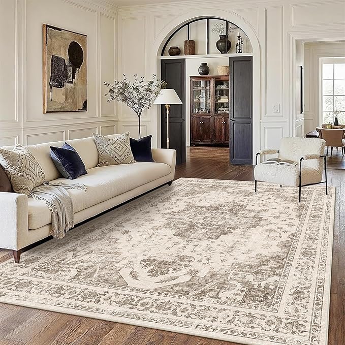8x10 Vintage Washable Area Rugs Boho Medallion Large Distressed Retro Accent Carpet Floral Non-Slip Soft Low Pile Indoor Throw Rug for Living Room Bedroom Dining Room Office Kitchen, Taupe