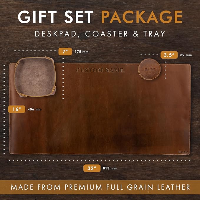 ELIZO Personalized Custom Desk Pad Set Real Leather Desk Mat Mouse Pad Unique Gifts for Him Her Leather Gifts for Men Women Engraved Embossed Monogrammed Corporate Gifts