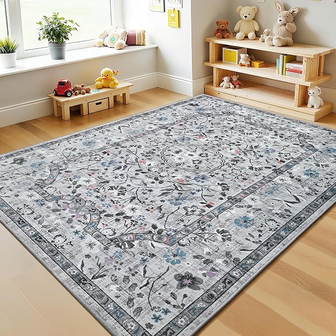 Vasofe 8x10 Area Rug for Living Room, Washable Rugs for Bedroom Room, Dining Room, Vintage Floral Indoor Non Slip Carpet Farmhouse Grey Throw Carpets Soft Low Pile Mat for Classroom Playroom
