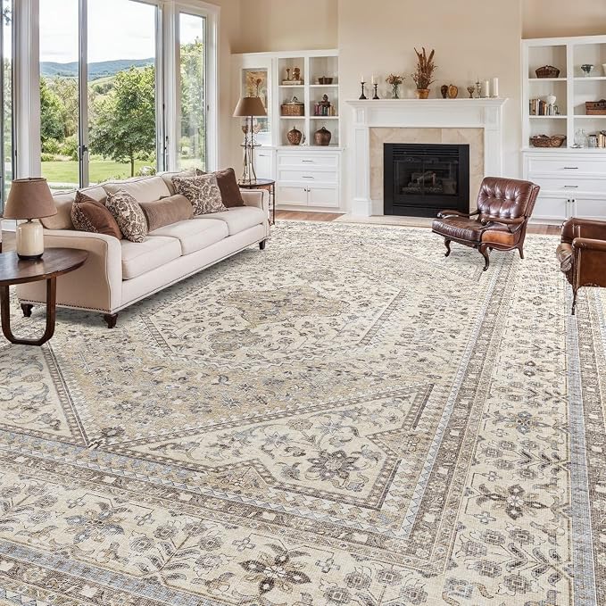 12X15 Area Rug for Living Room: Large Washable Oriental Rugs for Bedroom Non Slip Backing Stain Resistant Indoor Soft Floor Carpet for Dining Table Nursey Dorm Kitchen Low Pile Beige/Gray