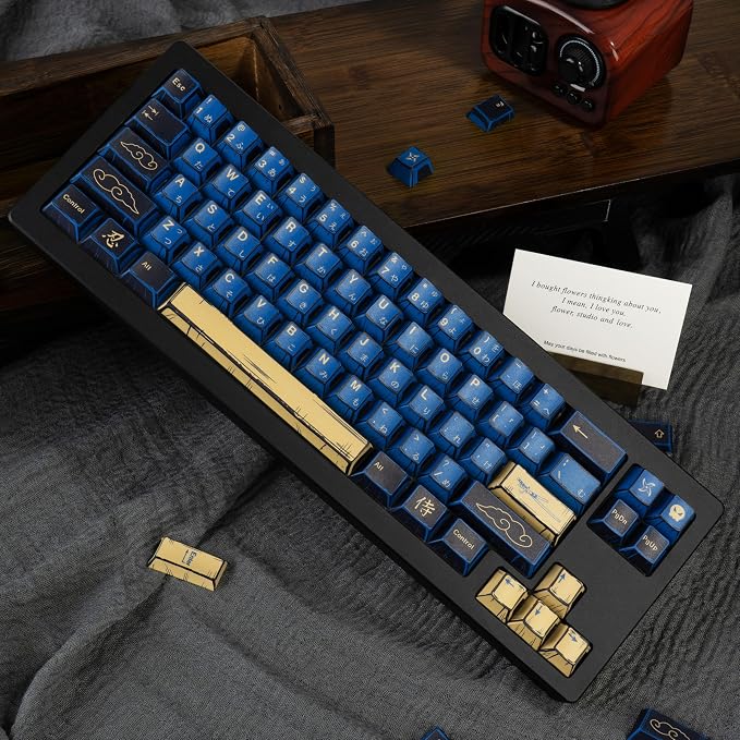 Blue Samurai Manga Japanese Themed Keycaps 130 Keys, Cherry Profile PBT Custom Key Caps Set, Dye Sublimation Keyboard Keycaps for Cherry Gateron MX Switches Mechanical Keyboard